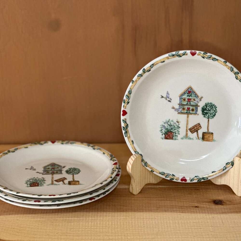 Vintage Thomson Pottery Birdhouse 7.5" Salad Dessert Bread Plates - Set of 4